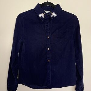 Navy Corduroy Button Down Shirt with Unicorn Collar